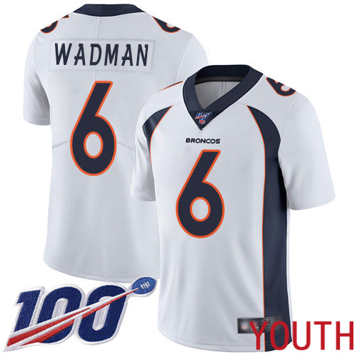 Youth Denver Broncos 6 Colby Wadman White Vapor Untouchable Limited Player 100th Season Football NFL Jersey